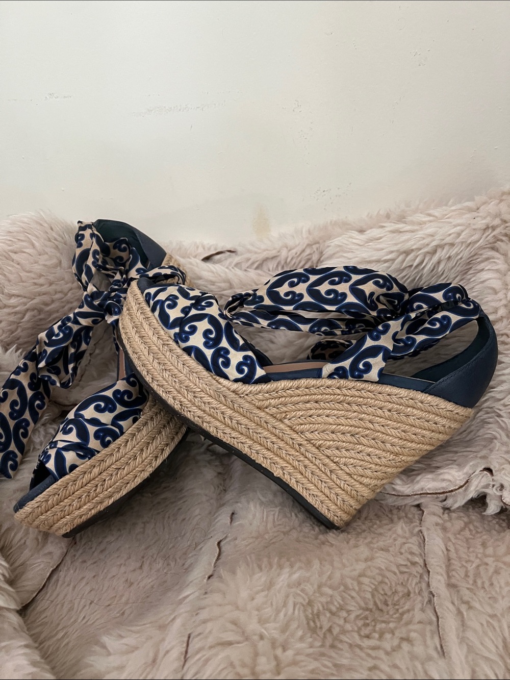 UGG Navy and Cream Espadrille Wedge Sandals with Patterned Wrap
